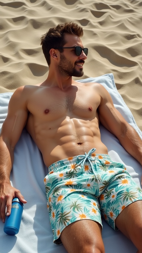 A man in tropical-print swim shorts, lying on a beach towel with a water bottle by his side.