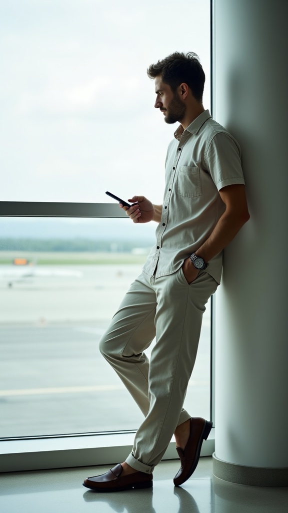A man leaning against a window wall in relaxed linen pants