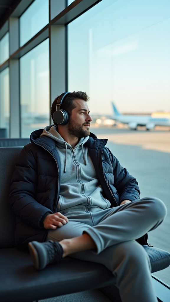 A man lounging near the airport windows in soft sweatpants
