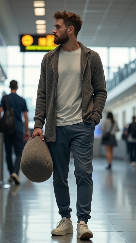 A man near the ticket gate in knit pants, a crew tee, a slouchy cardigan