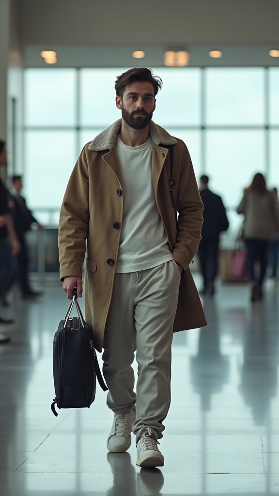 A man passing through the airport lounge in knit track pants