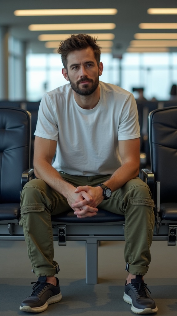 A man seated by the gate monitors in cargo pants, a relaxed tee
