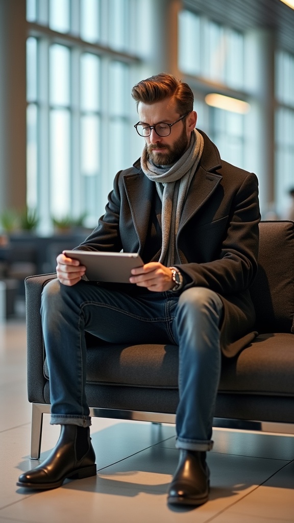 A man seated in a modern airport lounge in slim-fit denim