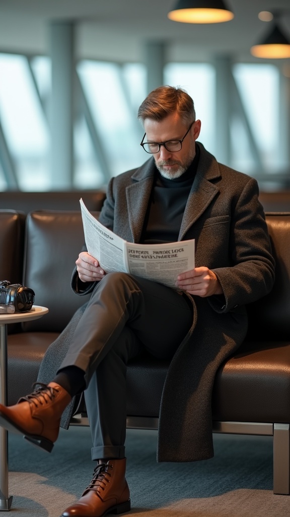 A man seated in a quiet airport lounge in wool trousers