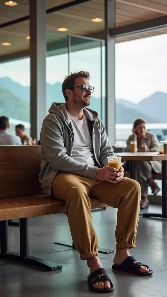 A man seated near the terminal café in drawstring pants