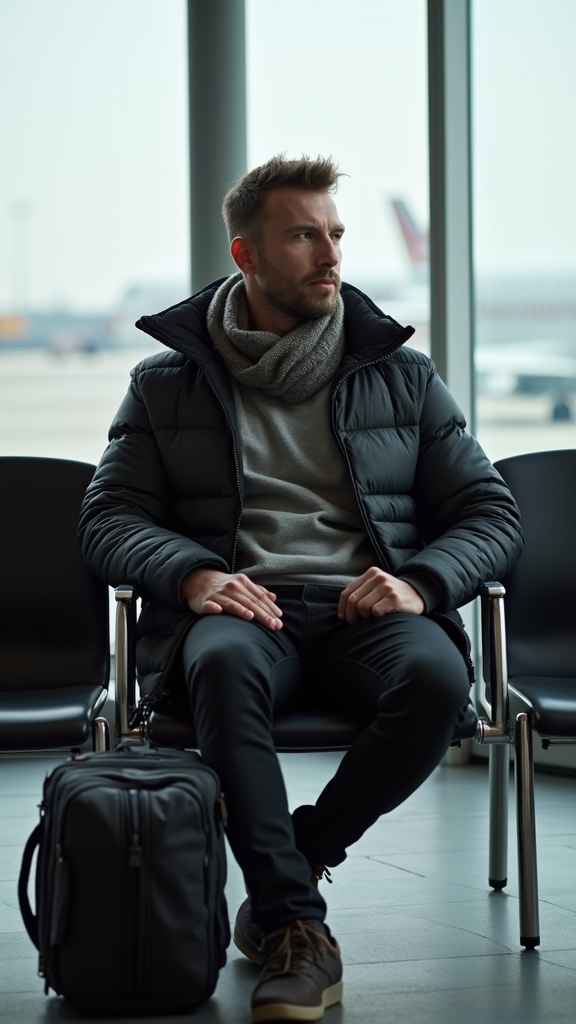 A man sitting at the airport gate in black jeans, a sweatshirt