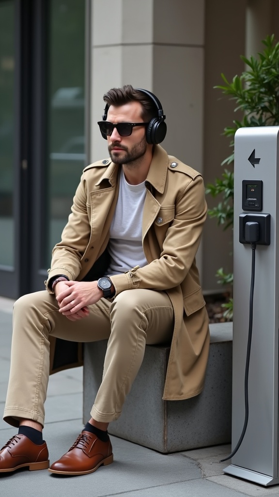 A man sitting by the charging station in crisp chinos, a tucked tee