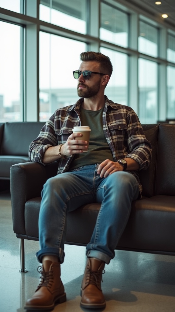 A man sitting in the airport lounge in slim jeans