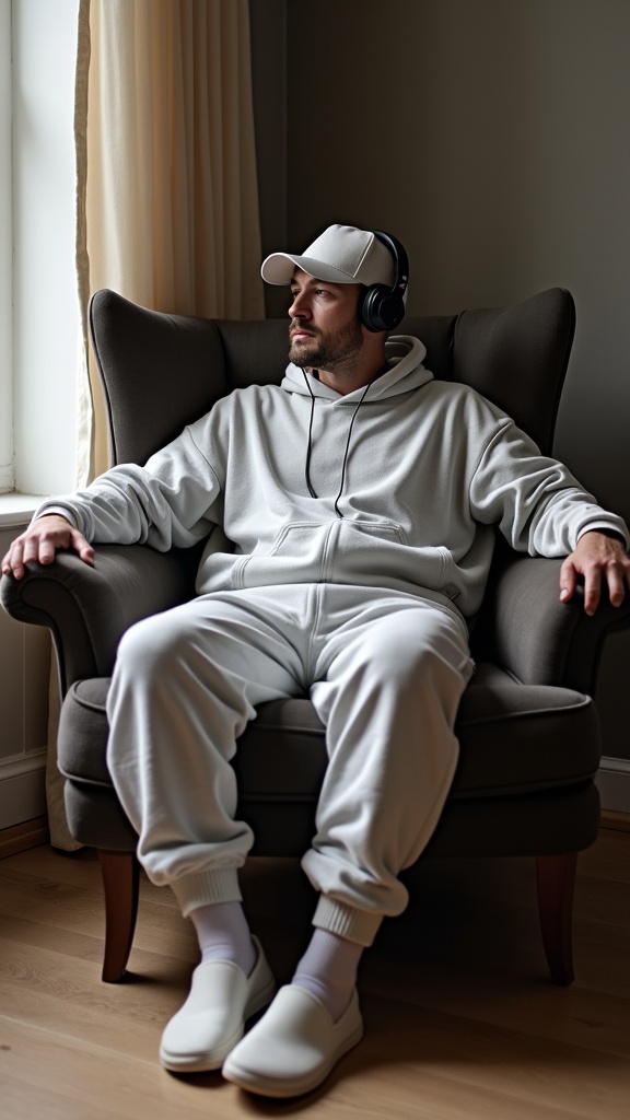 A man slouched in a lounge chair in cotton joggers, an oversized sweatshirt