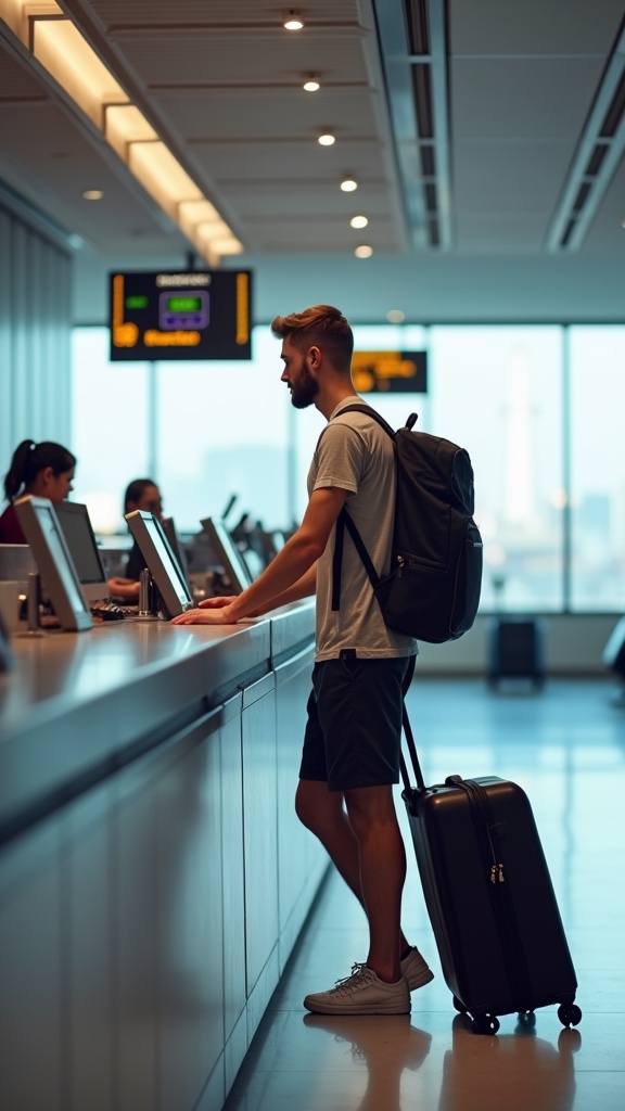 A man standing by the ticket counter in an athletic co-ord