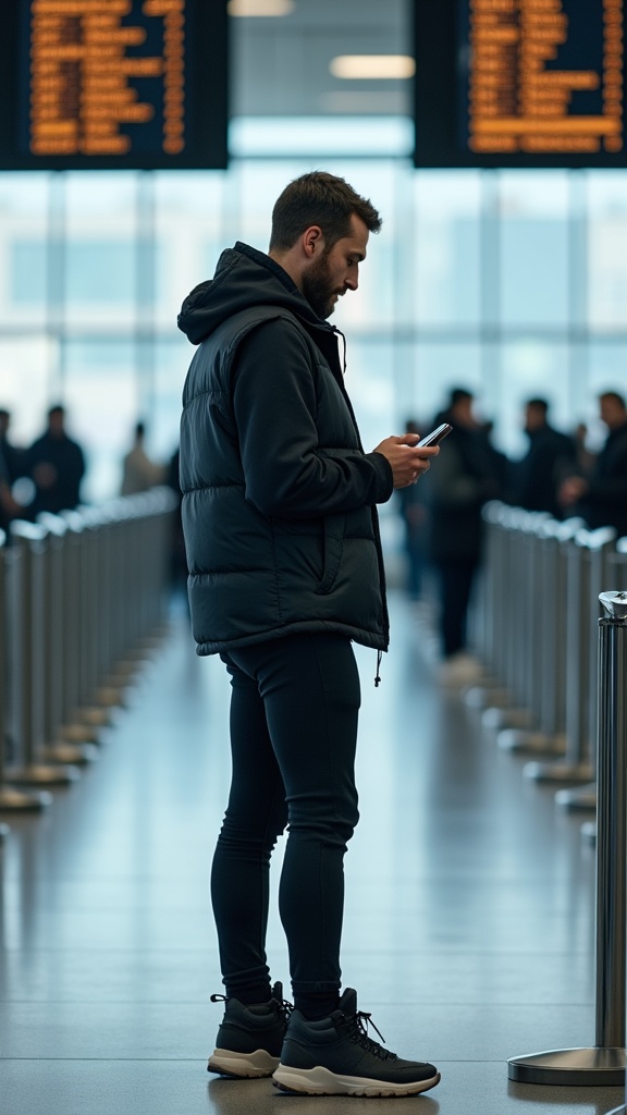 A man standing near the boarding screens in joggers