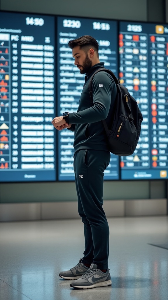 A man standing near the flight schedule screens in a breathable co-ord set