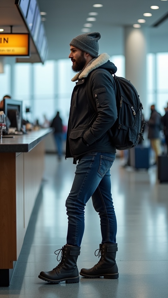 A man waiting beside the check-in counter in dark denim, a sherpa-lined jacket