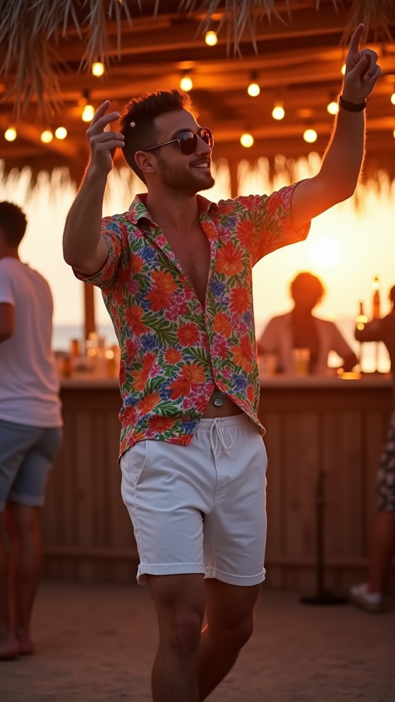 A man wearing a colorful floral shirt and white drawstring shorts, dancing at a beach shack bar at sunset.