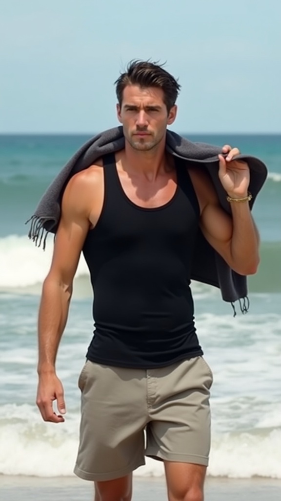 A man wearing a fitted black tank top and neutral-toned shorts, holding a beach towel
over one shoulder near the waves.