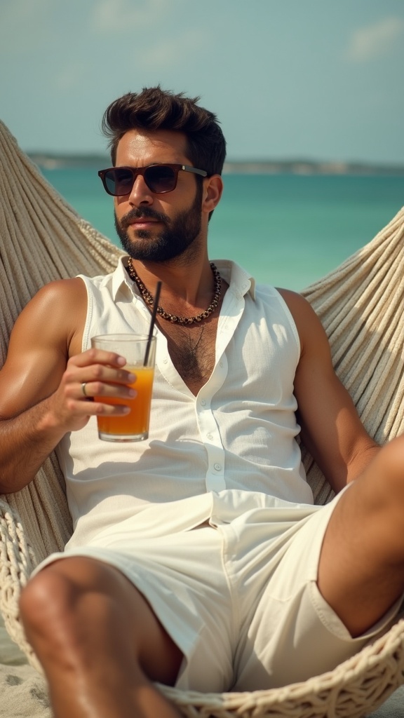 A man wearing a sleeveless kurta with cotton shorts, lounging on a hammock with a drink in hand.