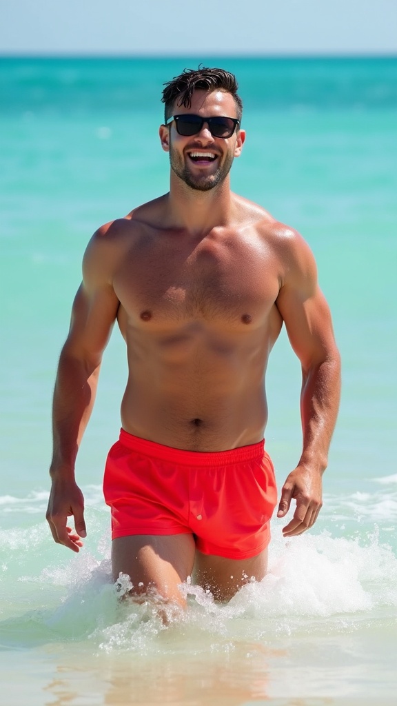 A man wearing bright red swim trunks and sunglasses, emerging from the ocean with wet hair and a smile.