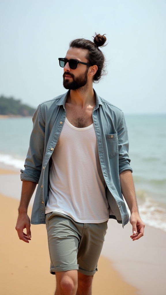 A man with a man-bun, sunglasses, and an open shirt layered over a tank top, enjoying a laid-back moment on Goa’s coast.