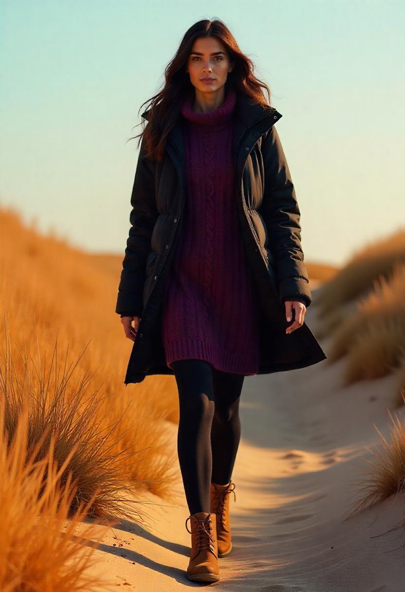 A mixed-race woman in a thick cable-knit sweater dress, hooded puffer coat,