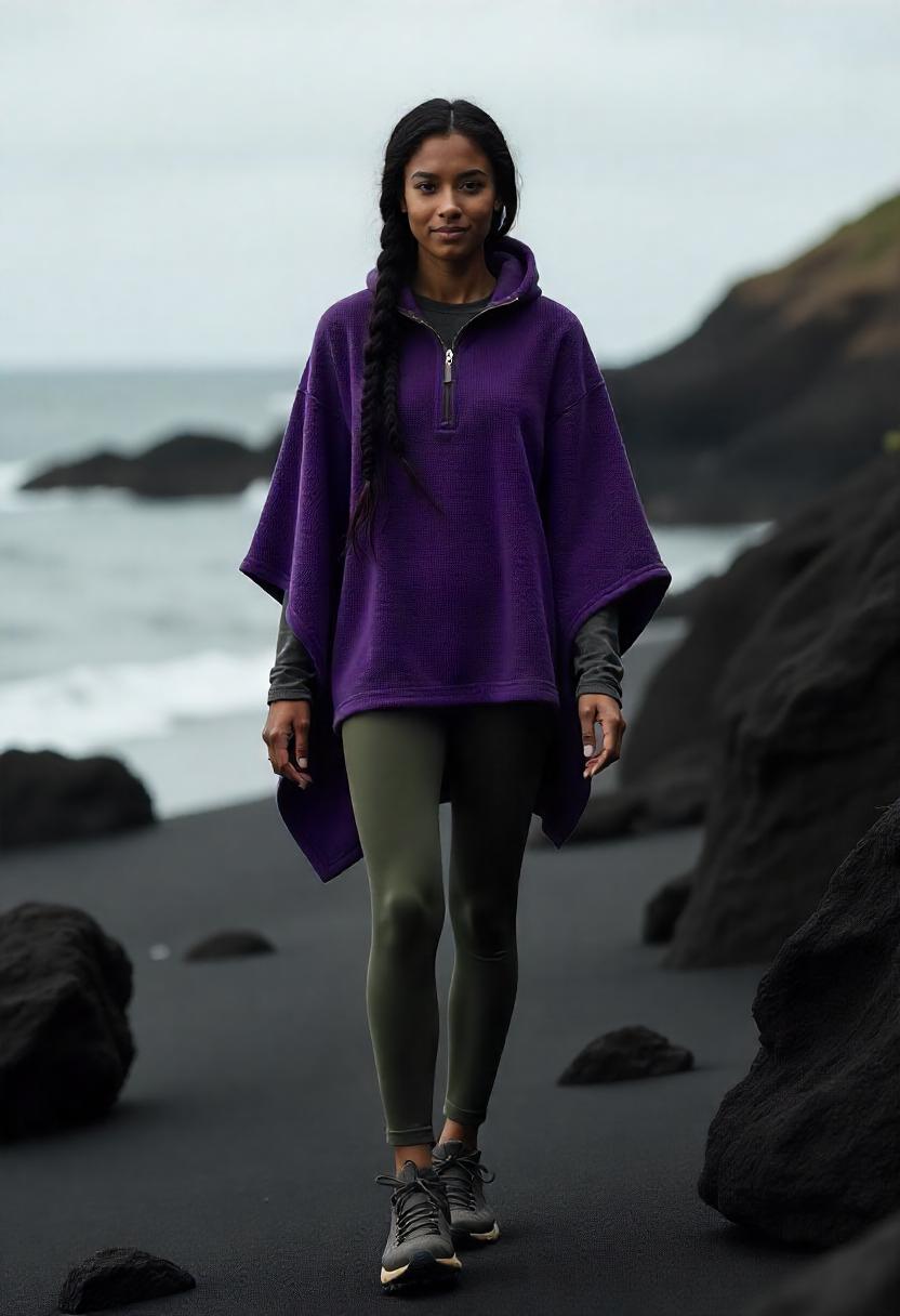 A mixed-race woman in olive leggings, fleece half-zip, draped poncho