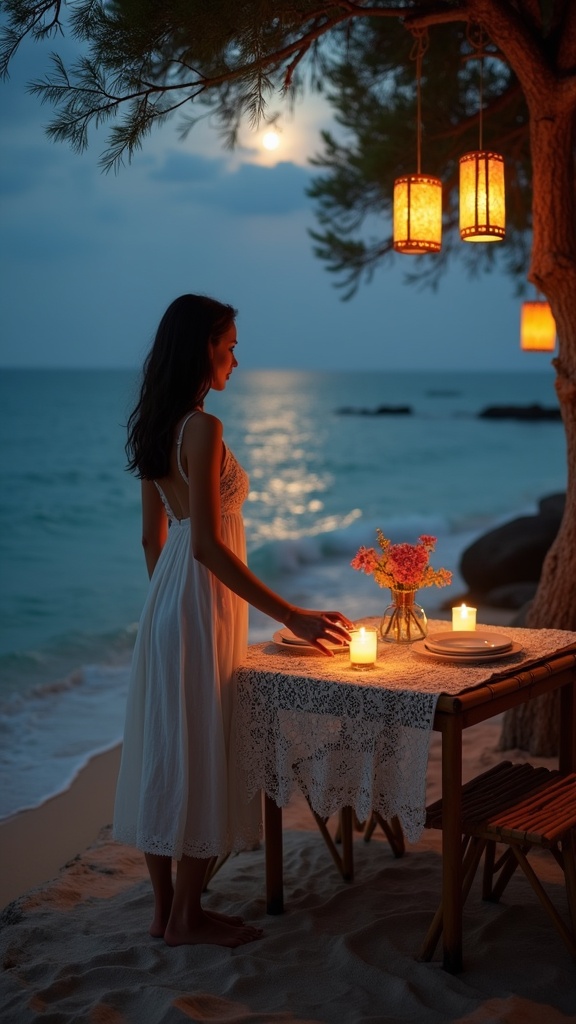 A moonlit seaside dinner a woman in an ivory lace midi dress stands near a bamboo table with a lace tablecloth, holding a candle, with gentle waves lapping nearby and lanterns swinging in the breeze