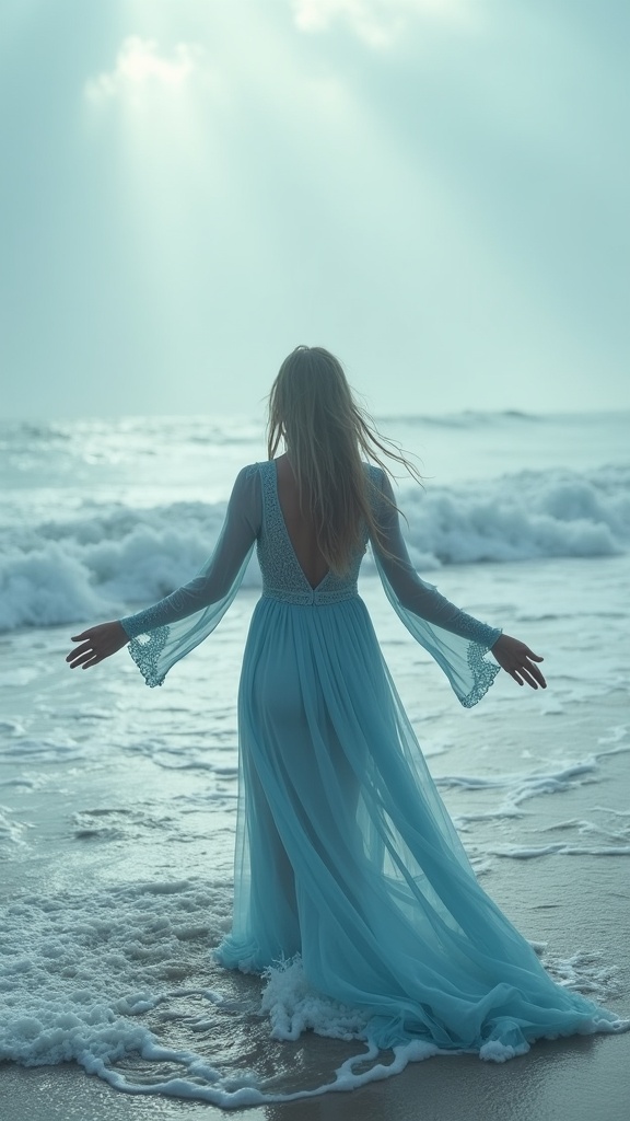 A mystical early morning shot a woman in a pale blue chiffon maxi dress with lace overlay