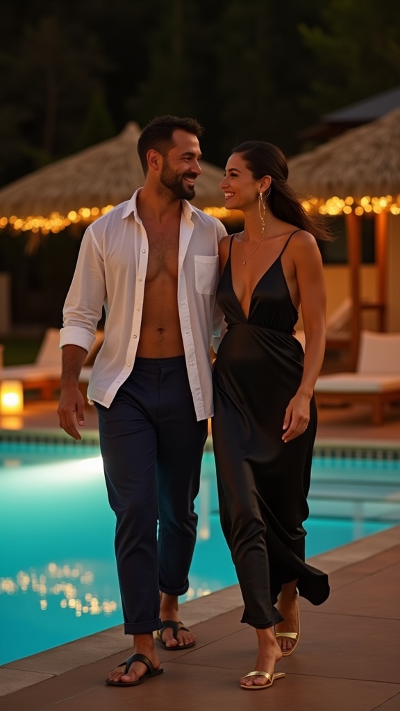 A nighttime poolside look a man wearing navy linen trousers and an open shirt