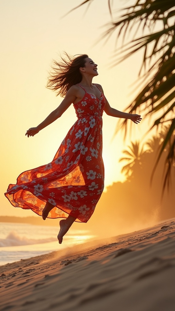 A playful candid shot at sunrise, a girl leaping with joy off a sand dune, wearing a vibrant multicolored maxi dress covered in hibiscus prints, hair flying, with soft morning mist and palm leaves framing her.