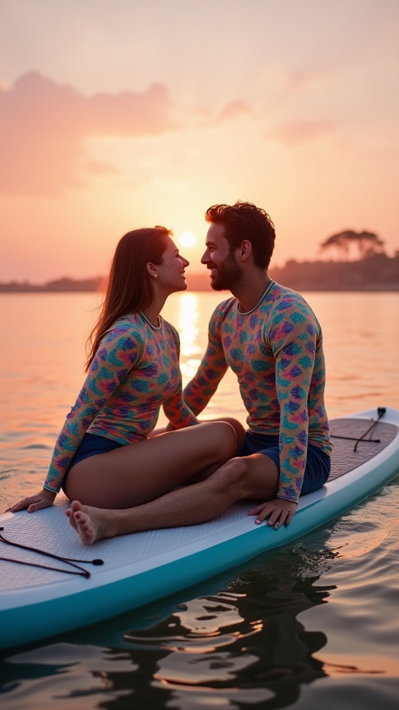 A playful paddleboarding date a couple on a paddleboard at sunrise