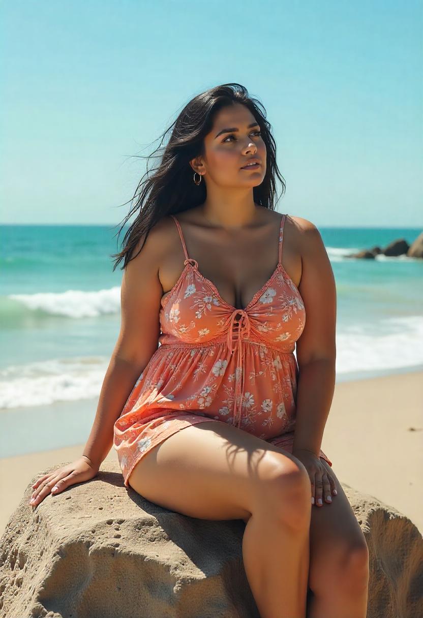 A plus-size black woman walking along the shore in a short-sleeve chambray