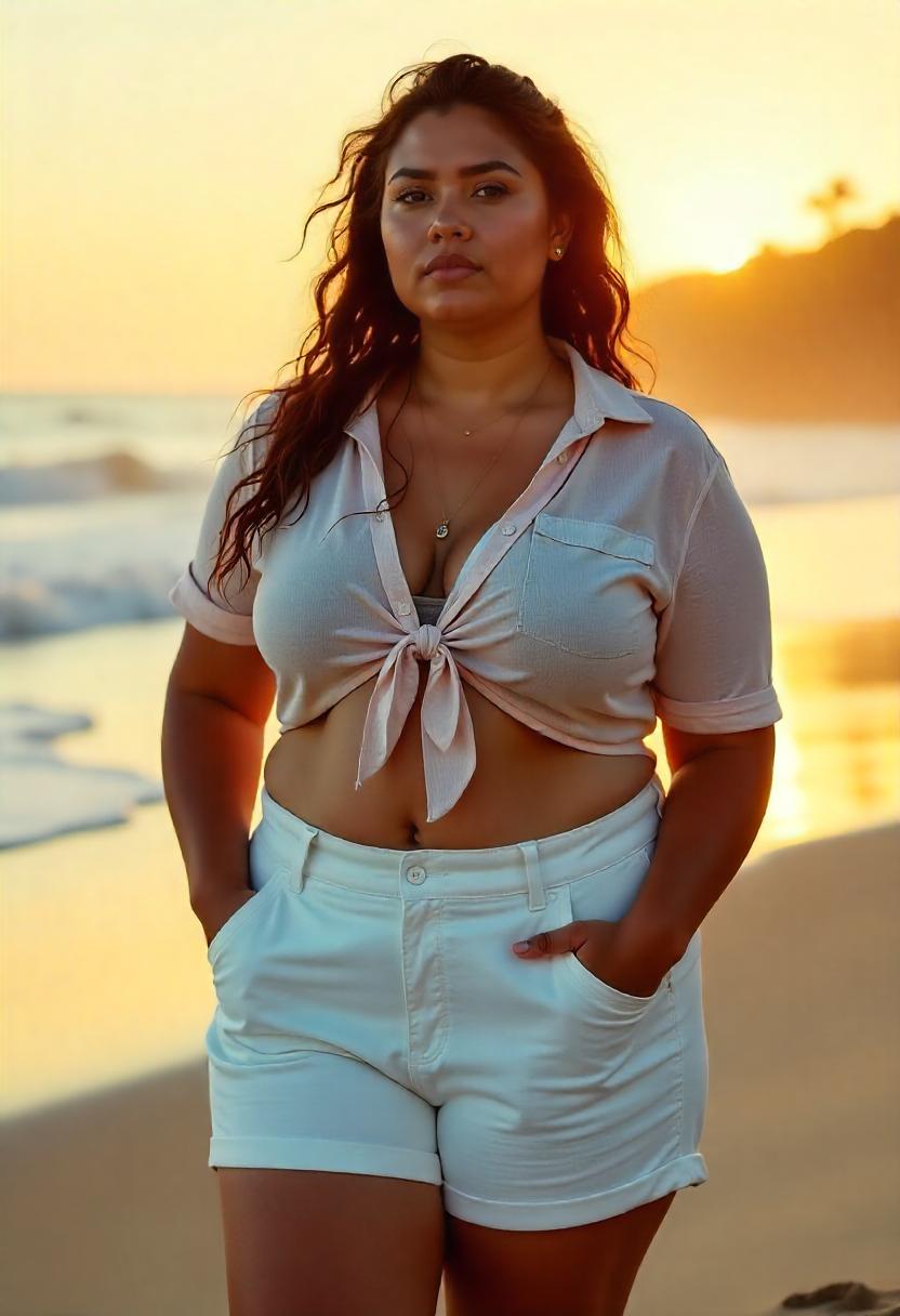 A plus-size woman in high-rise white cotton shorts and a pastel button-up shirt tied at the waist, standing on the sand with her hands in her pockets.