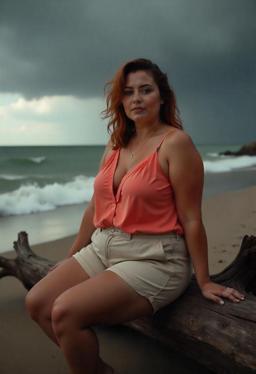 A plus-size woman in high-rise white cotton shorts and a pastel button-up shirt