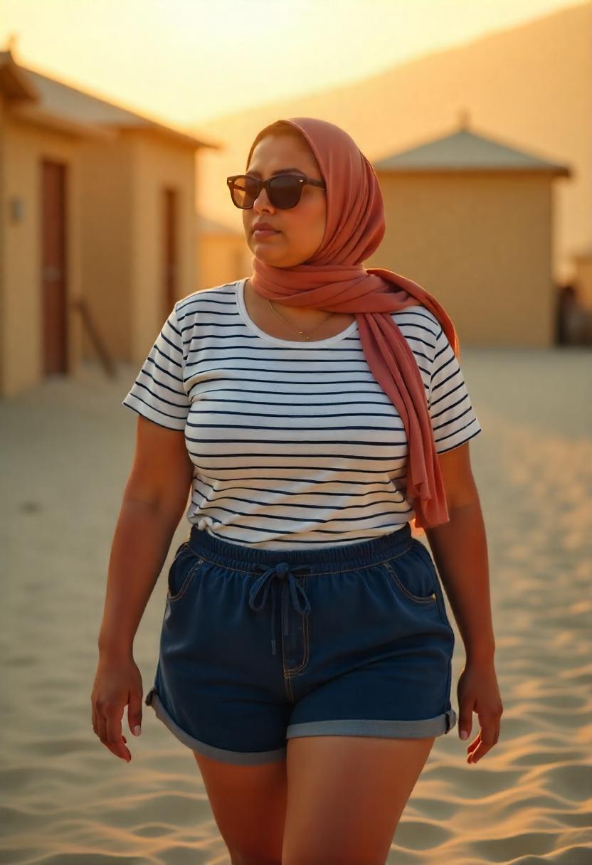 A plus-size woman in navy paperbag shorts with a tucked-in striped tee
