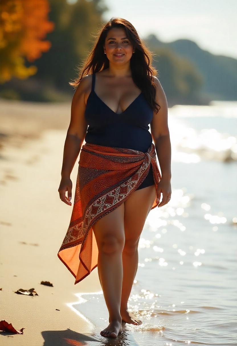 A plus-size woman pairing a deep navy swimsuit