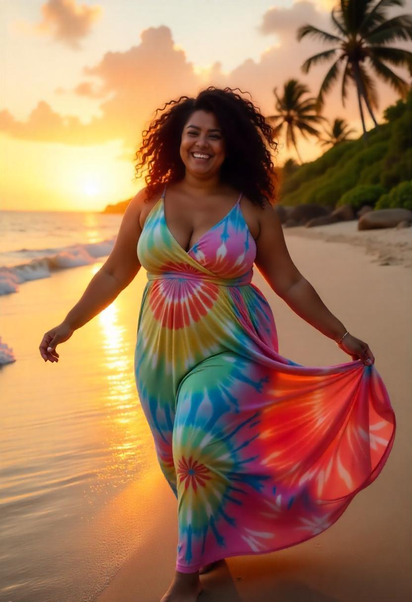 A plus-size woman twirling in a boho-style maxi dress