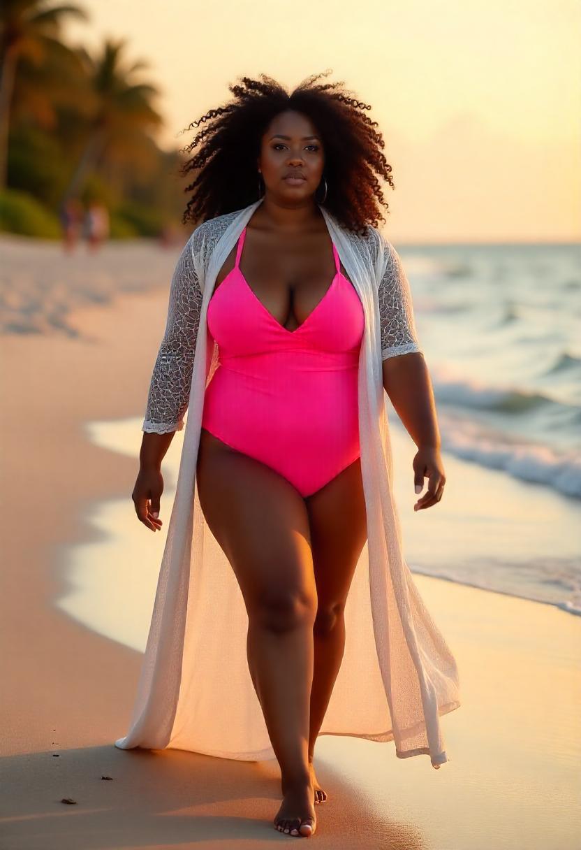 A plus-size woman walking along the beach in a long white lace