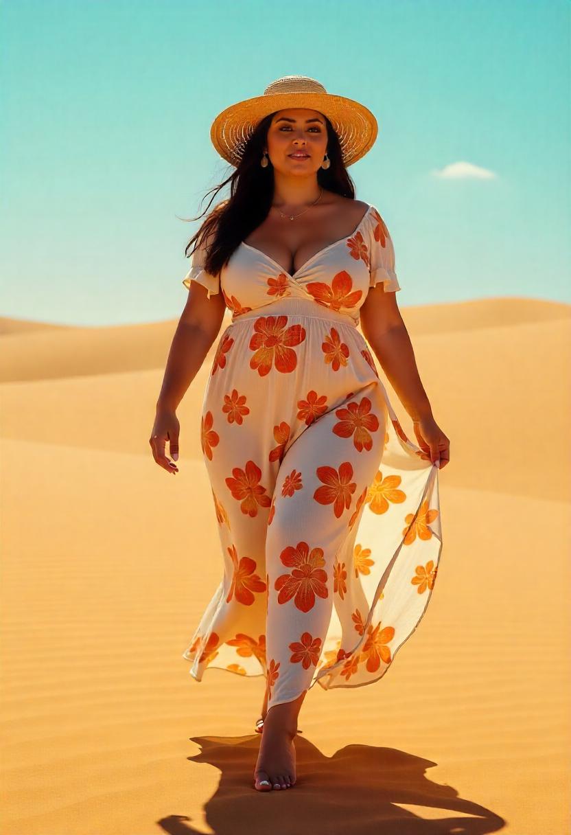 A plus-size woman walking barefoot on the beach in a floral maxi dress