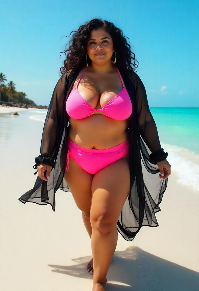 A plus-size woman wearing a sheer black kaftan over a swimsuit