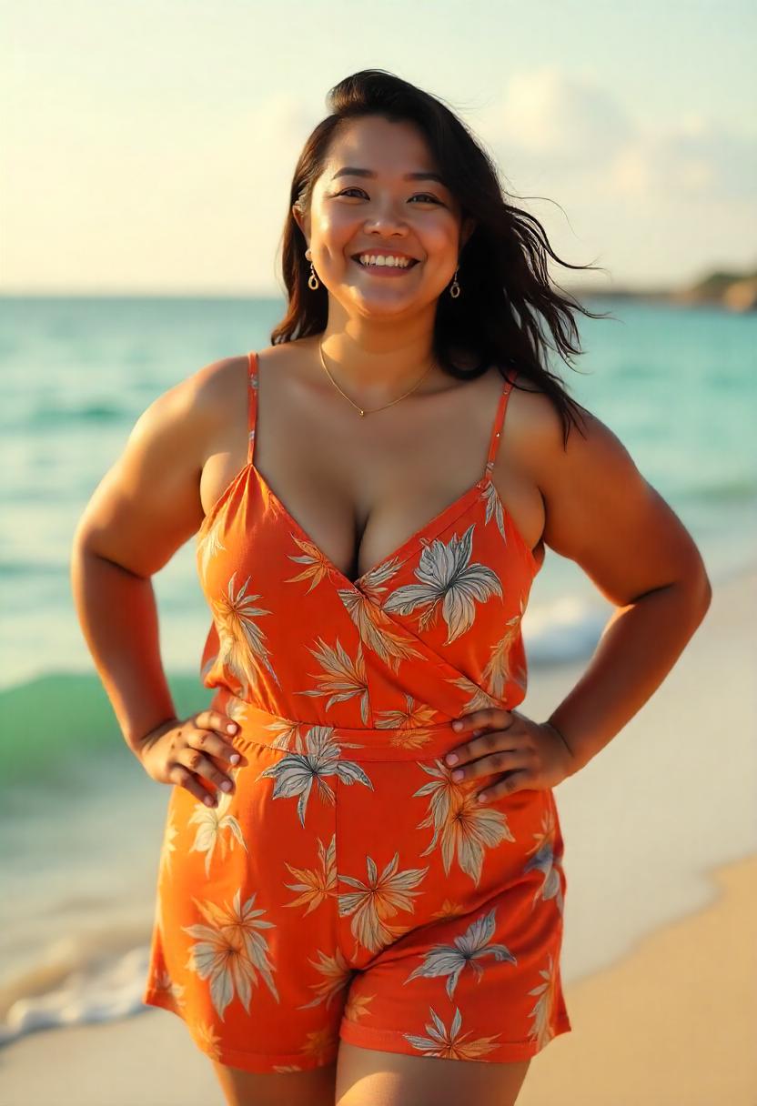 A plus-size woman wearing a sleeveless cotton romper