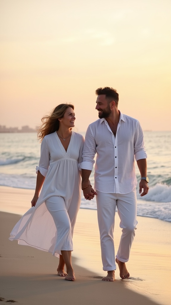 A romantic beach scene a smiling couple walking hand-in-hand along the shore at sunset