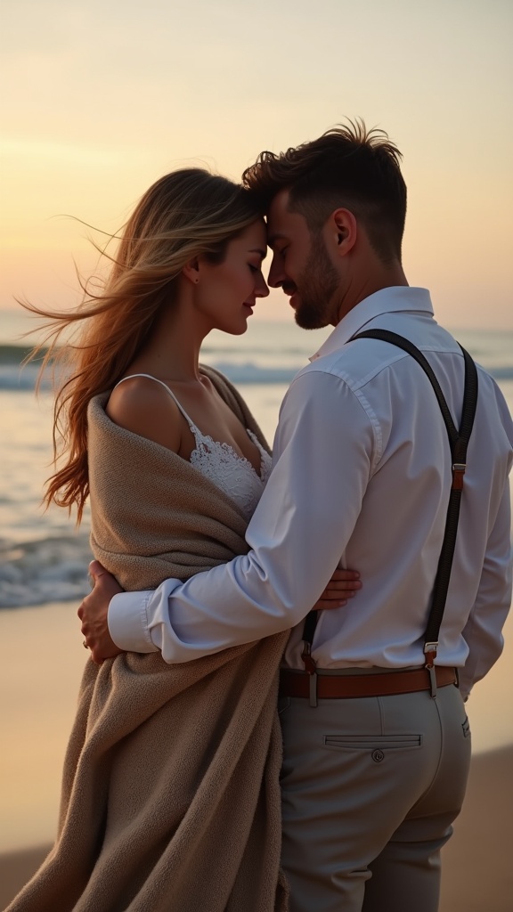A romantic beachfront portrait a couple wrapped together in a large woven blanket, the woman in a lace-shoulder dress and the man in an open shirt with suspenders, gazing into the distance as twilight settles over the waves