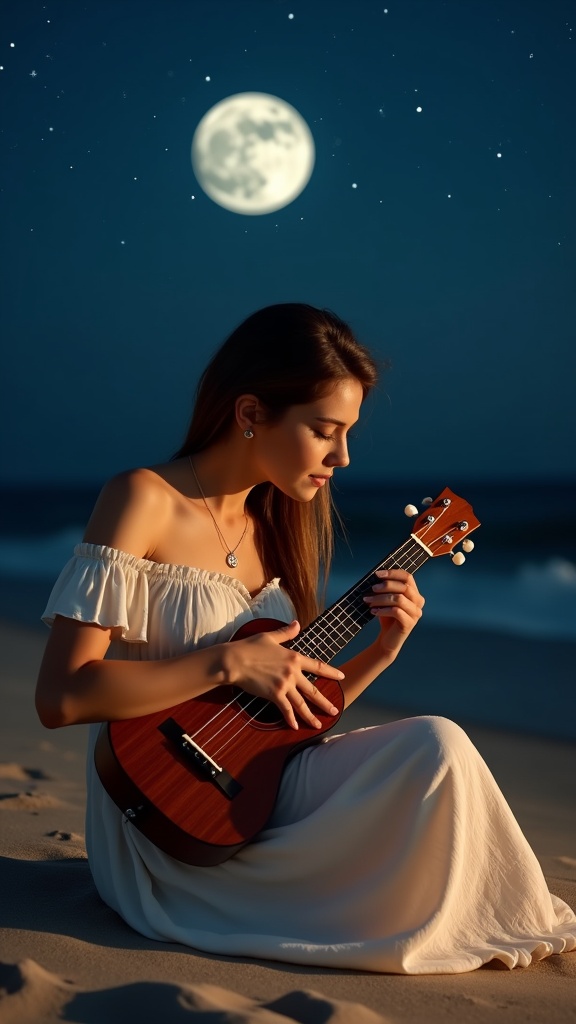 A romantic moonlit scene a model wearing an ivory off-shoulder peasant dress sitting on the sand