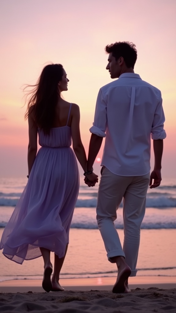 A romantic silhouette of a couple at dusk the woman wearing a soft lavender sundress and the man in rolled-up linen pants, walking hand-in-hand along the shoreline as the sky turns pink and purple
