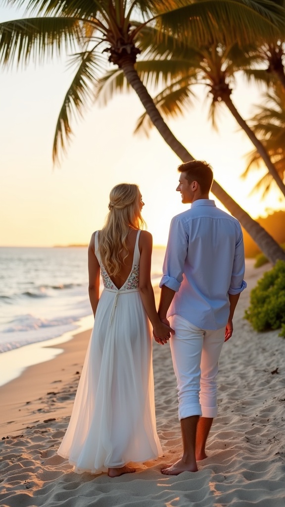A seaside wedding vibe newlyweds on the beach, the bride in a simple flowing white dress