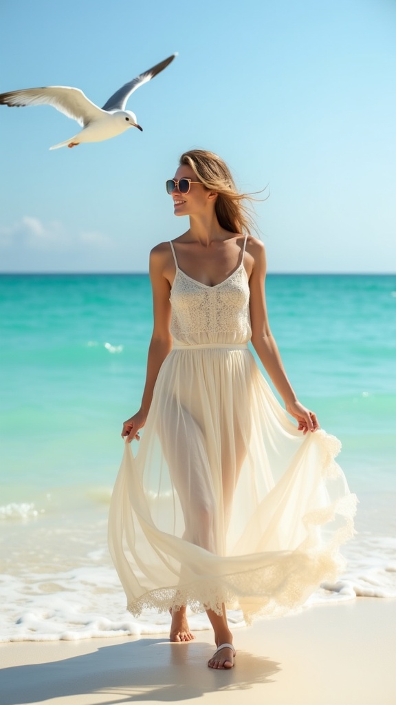 A serene morning beach setting with a woman wearing a pastel summer sundress