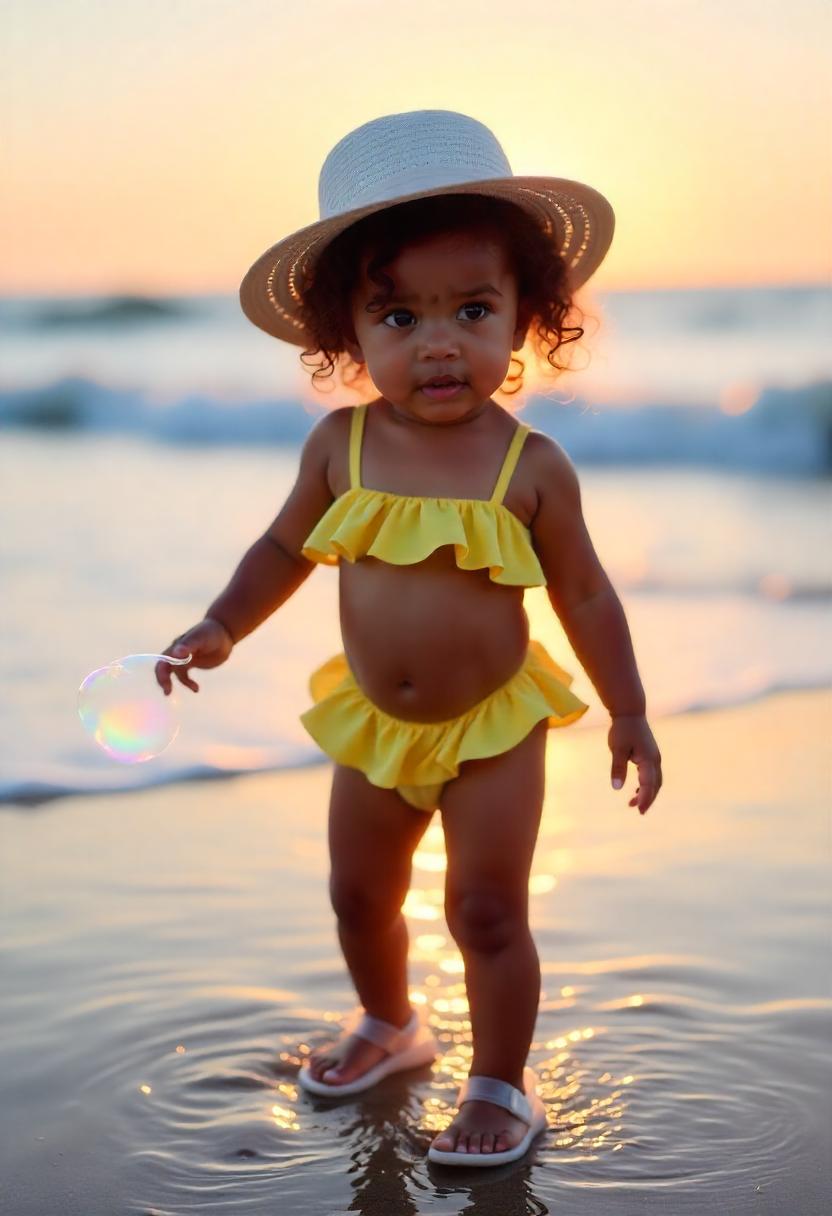 A small girl in a lemon-printed ruffle bikini with a wide-brim hat