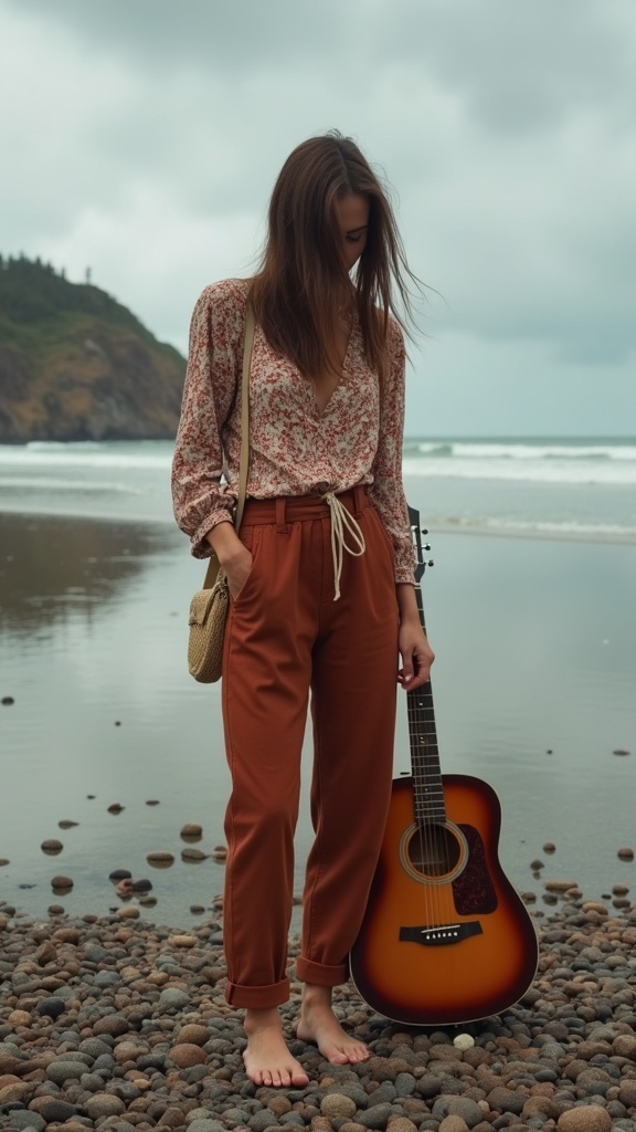 A smoky afternoon shot a model wearing rust-colored linen pants and a paisley boho blouse