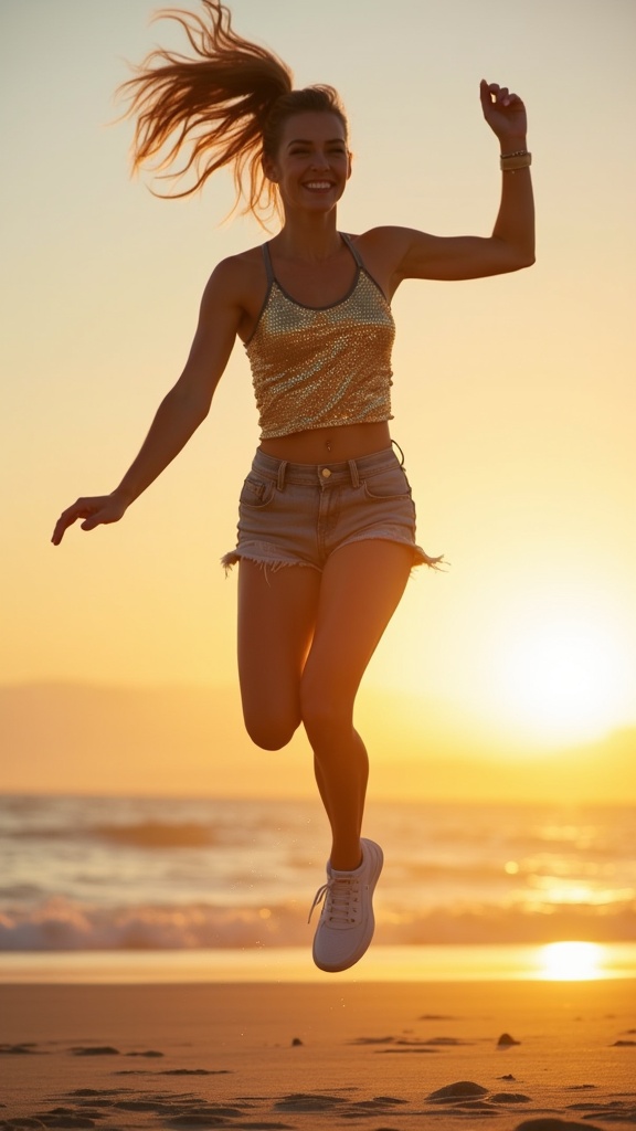 A sporty glam combo a woman in a gold-sequined top paired with denim
