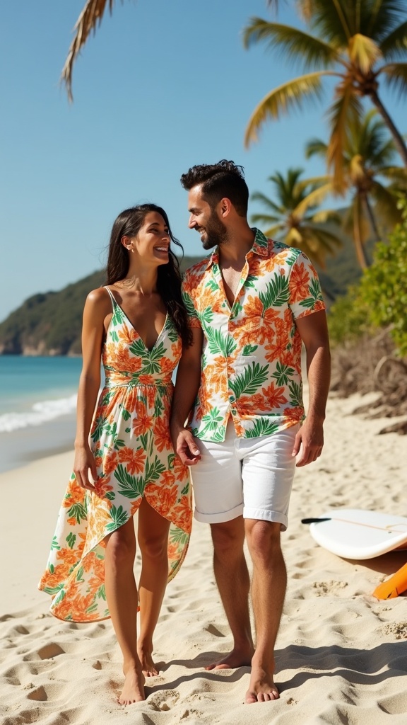 A stylish matching couple’s beach look a pair in complementary tropical prints
