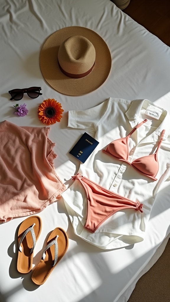 A stylish packing flatlay neatly arranged essentials on bed – a linen shirt, bikini, silk sarong, straw hat, sunglasses